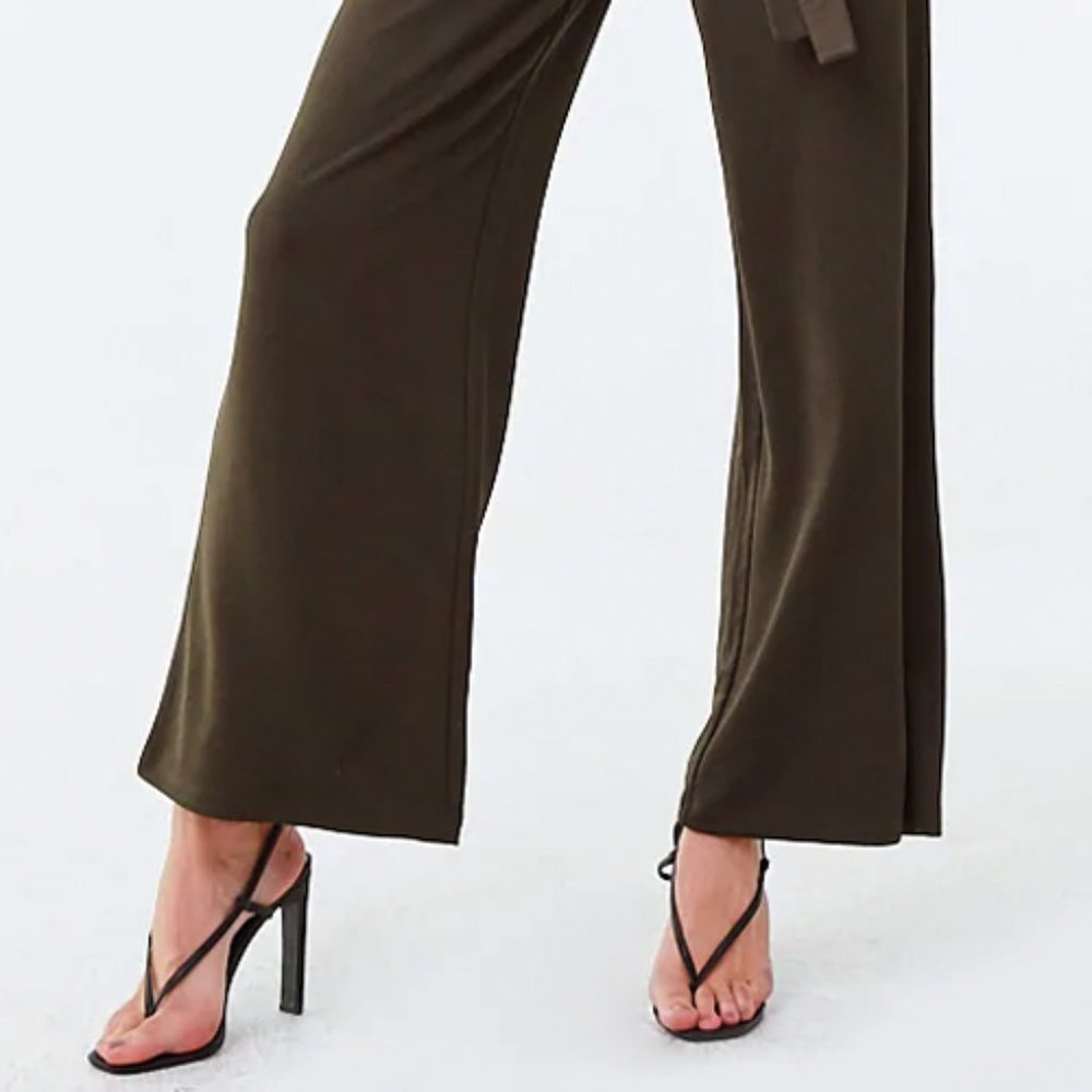 Olive Green Surplice V Neck Wide Leg Belt Jumpsuit - Picture 7 of 8